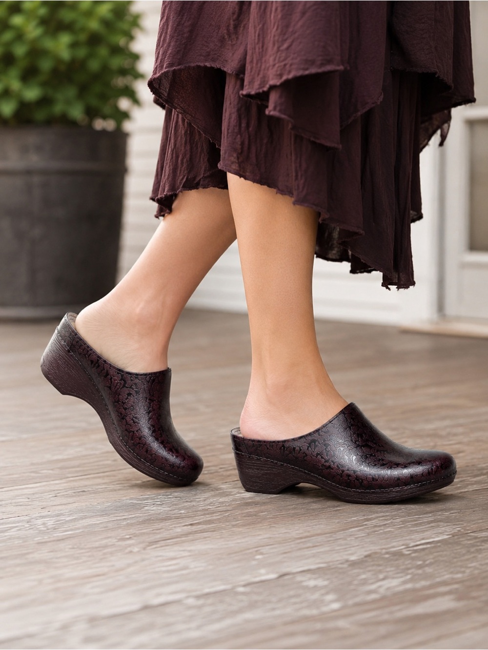 Dansko Melody Mahogany Leather Tooled Slip On Clog
